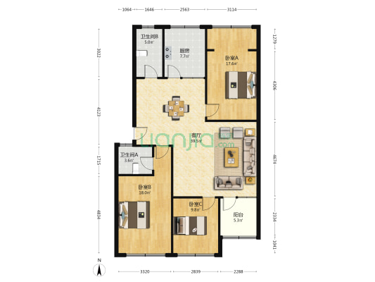 书香里 3室1厅2卫 130平方