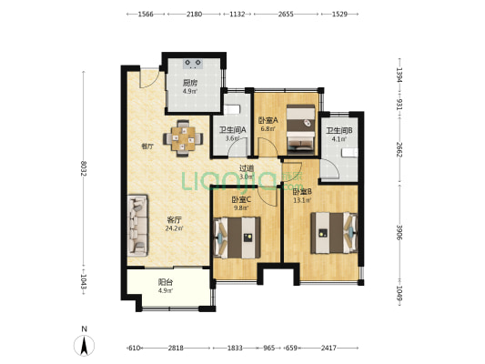 美的金科郡一期 3室1厅2卫 104平方