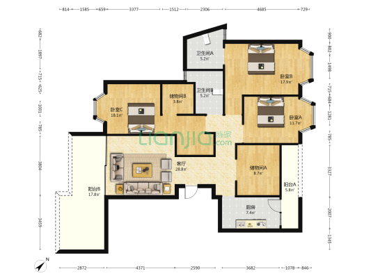 龙津山 3室1厅2卫 136平方