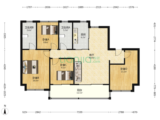招商局中心·臻境北园 4室1厅2卫 137平方