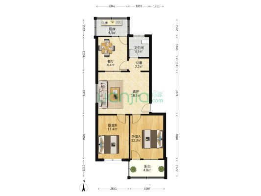 中医院宿舍 2室2厅1卫 78平方
