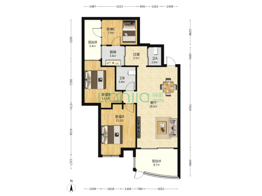椰林水岸 3室1厅2卫 82平方