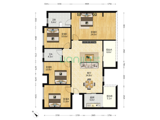 万象领秀华城 4室1厅2卫 125平方