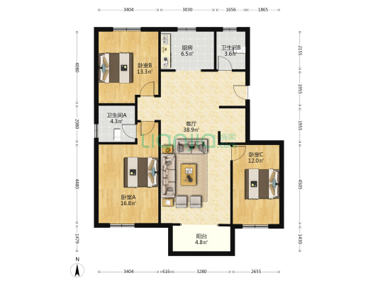 是8层洋房的，毛坯房，三居室，看房方便，采光充足-户型图