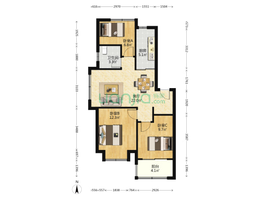 山河苑 3室1厅1卫 86平方