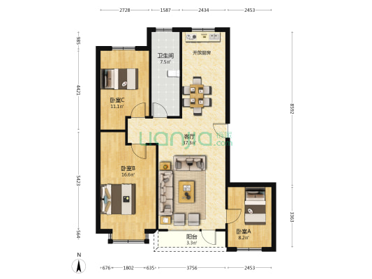 红光一号 3室1厅1卫 107平方