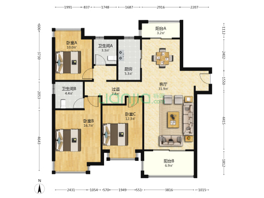 新力渥园 3室1厅2卫 126平方