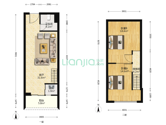 鸿福翰城 2室1厅1卫 63平方
