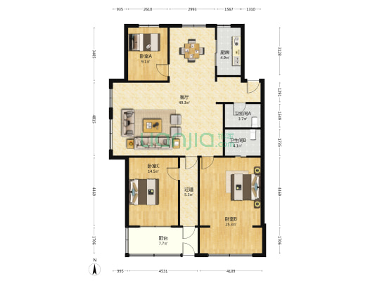 柳青锦园 3室1厅2卫 133平方