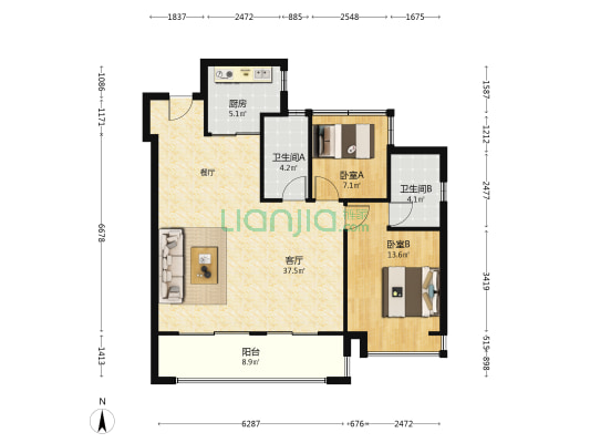 乐富强双湖湾 2室1厅2卫 111平方