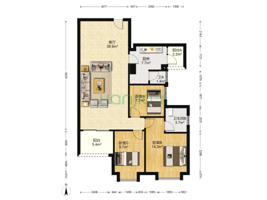 清华园 3室1厅2卫 111平方