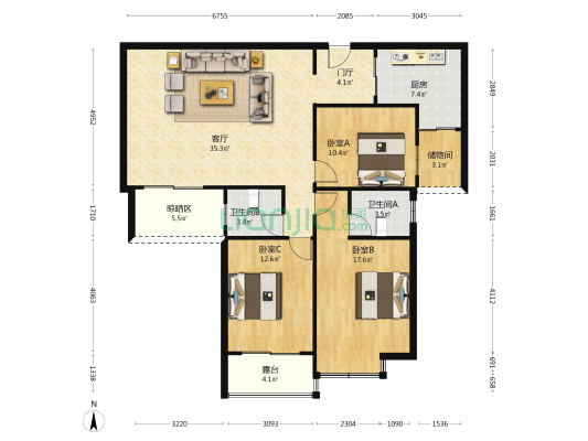 广西水产畜牧学校职工住宅楼 3室1厅2卫 123平方