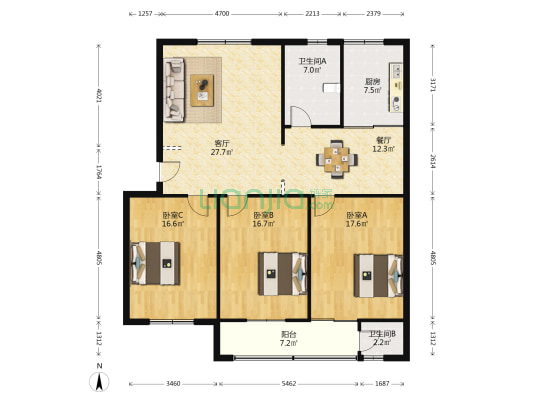 电信小区（航天大道） 3室2厅2卫 140平方