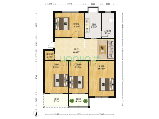 洪山街宿舍 4室1厅1卫 120平方