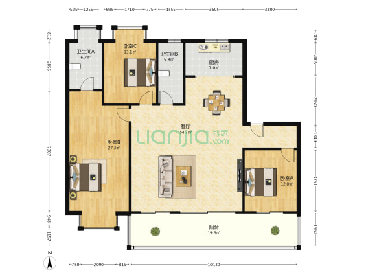 龙湖盛天·双珑原著 3室1厅2卫 164平方