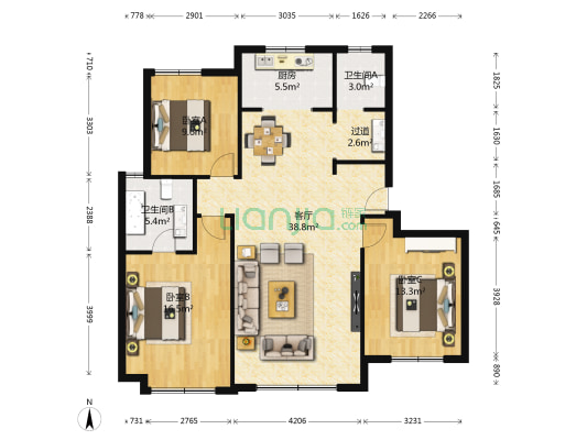 颐滨花园 3室1厅2卫 124平方