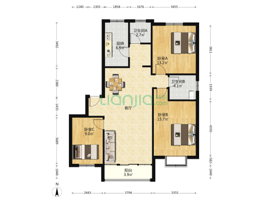 新世纪花园 3室1厅2卫 108平方