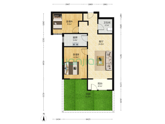 一层带50平米院子 朝南大2居 毛坯 满二 采光还行-户型图