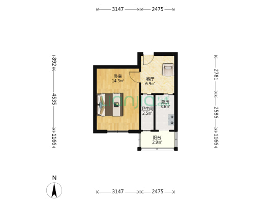 民安路7号院 1室1厅1卫 73平方