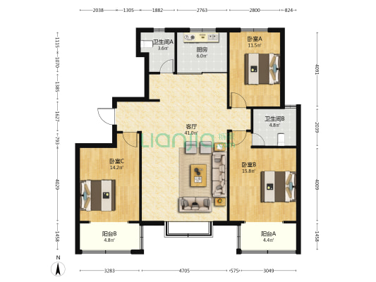 旺峰瑞石 3室1厅2卫 145平方