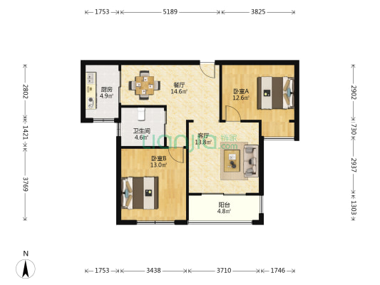 中实锦绣园 2室2厅1卫 88平方
