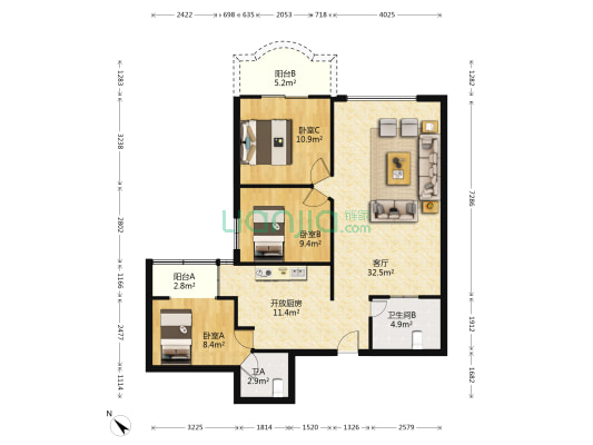 海峡路321号 3室1厅2卫 108平方