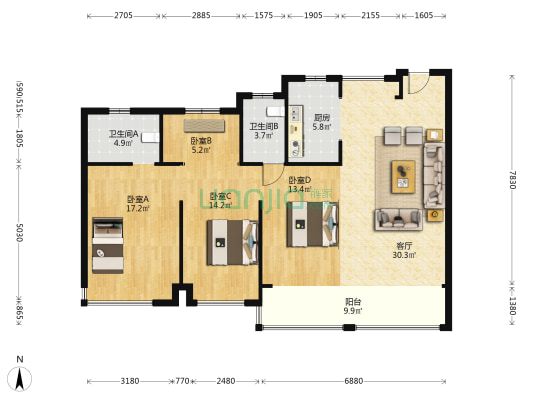 瑞鑫卓越城 4室1厅2卫 128平方