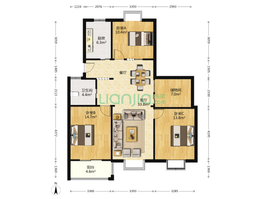 港南花苑新城苑 3室1厅1卫 126平方