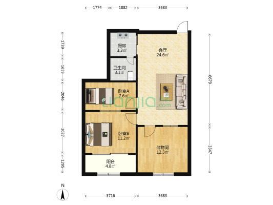 天嘉大厦 2室1厅1卫 89平方