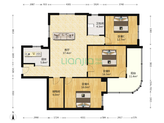 荣欣花园 3室1厅1卫 114平方