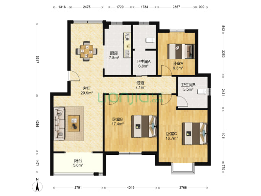 姚庄舒苑 3室1厅2卫 125平方