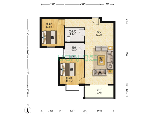 高远旭东城 2室1厅1卫 92平方