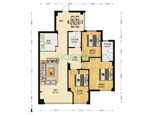 君临天华C区 2室1厅2卫 125平方