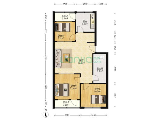 石化宿舍 3室1厅1卫 88平方
