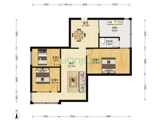 大发小区 3室2厅1卫 97平方