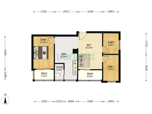 富丽广场 3室1厅1卫 77平方