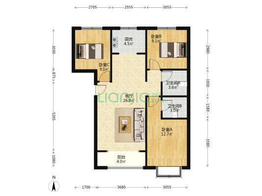 楼层好，采光好，南北通透三居。。。。。-户型图