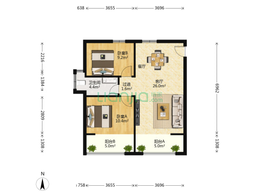 宇建国贸城 2室1厅1卫 80平方