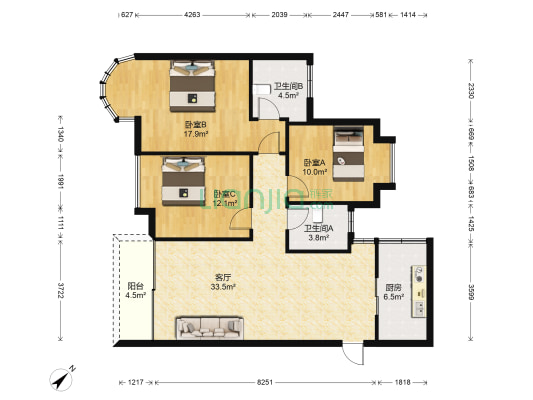 龙盛苑 3室1厅2卫 118平方