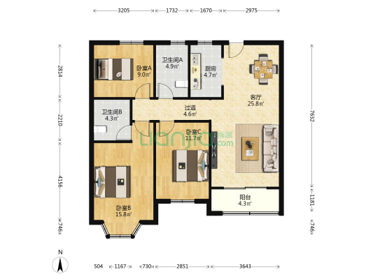 大名城珑域东区 3室1厅2卫 111平方