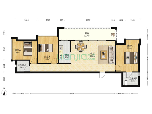 天净沙紫园 3室1厅2卫 109平方