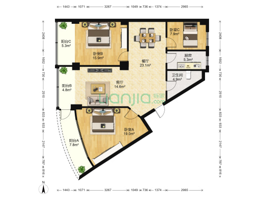观海花园 3室2厅1卫 106平方