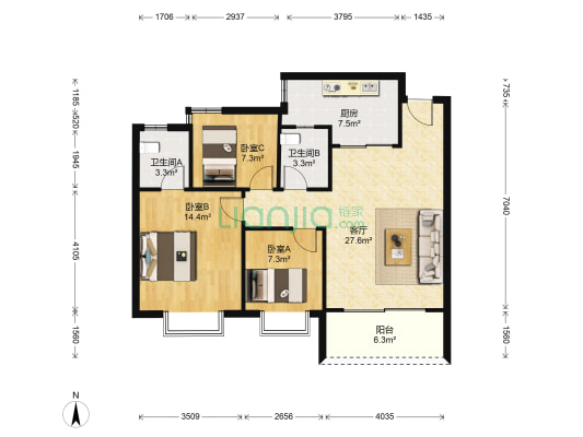 耐德佳苑 3室1厅2卫 100平方