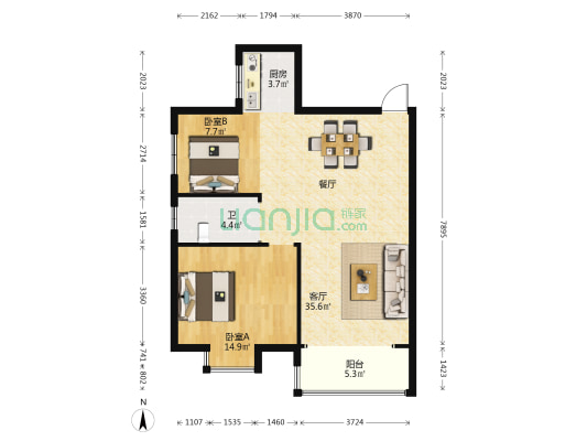 飞鹅新天地 2室1厅1卫 87平方