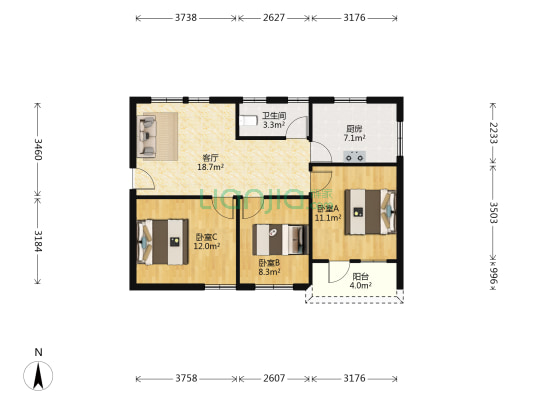 中國有色 3室1厅1卫 78平方