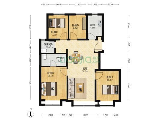 中海汇智里 4室1厅2卫 117平方