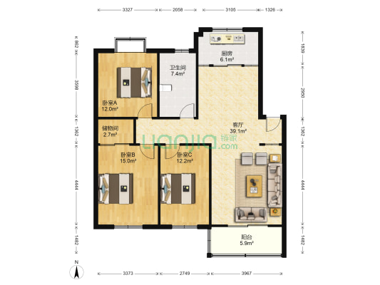 旺旺家缘 3室1厅1卫 126平方