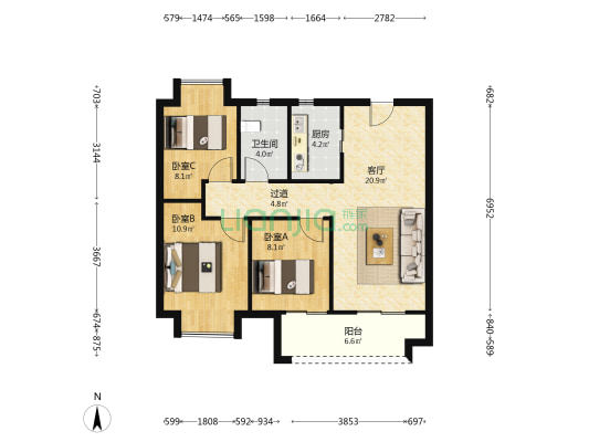 江铃新力铂萃中央 3室1厅1卫 90平方