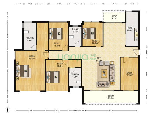 万科兰乔圣菲 5室1厅3卫 204平方