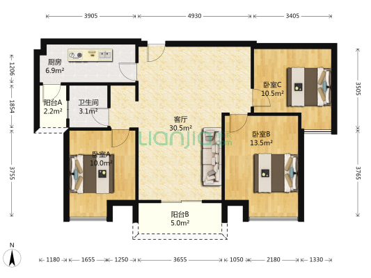 德正西湖春天 3室1厅1卫 109平方